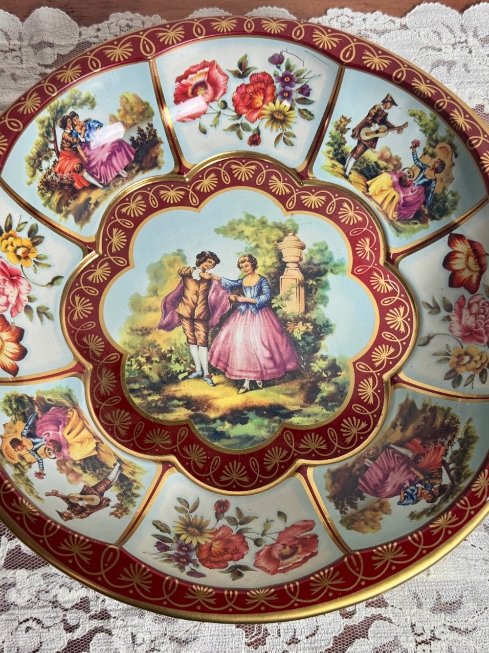 Vintage 1971 Daher England Romantic Floral Metal Bowl Tray Gold Burgundy Decor